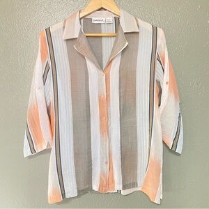 Claudia Richard Cotton Peach Grey White Striped Button-Down Shirt
